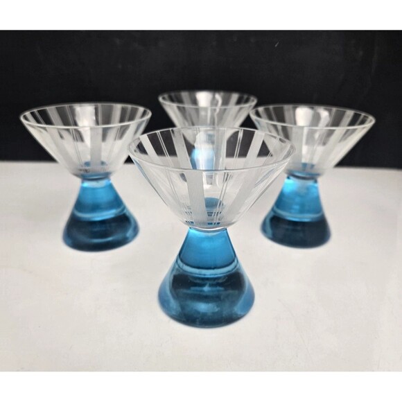 Vintage Etched Striped Uranium Glass Cordial Glasses Clear w/ Blue Stem Set of 4
